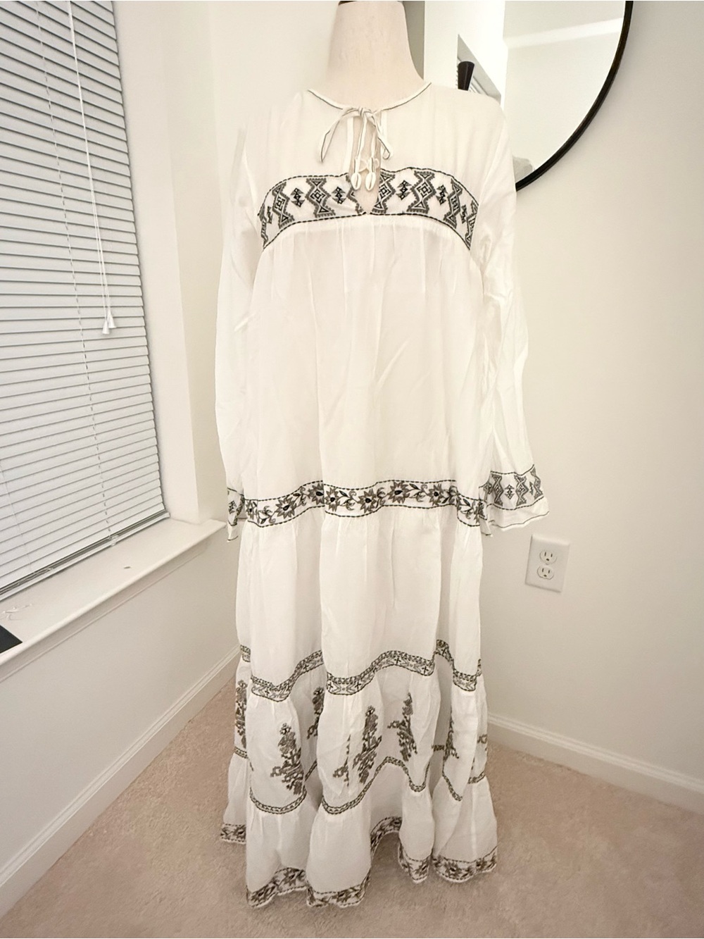 Zara White Boho Maxi Dress with Black Embroidered Trim
